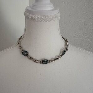 Gucci Silver-Tone Chain Necklace with Black Logo Medallions